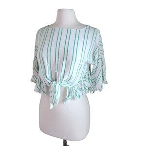 Olivaceous Women Size M Cropped‎ Top Tie Front Stripe Fringe Boho Bell Sleeves